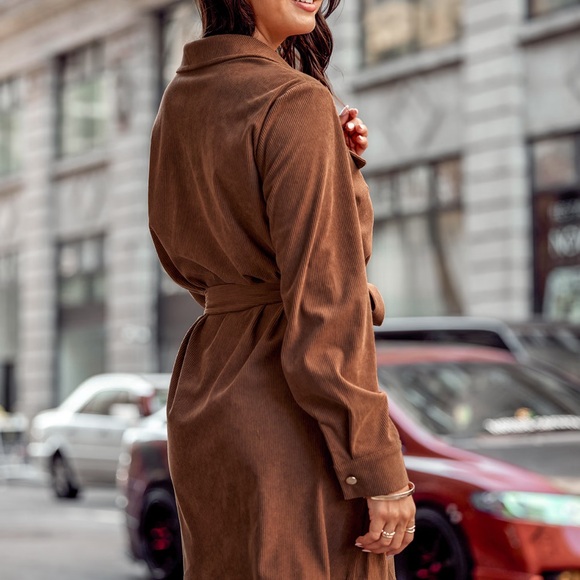 Cupshe Womens Button Front Long Sleeve Mini Shirt Dress Corduroy belted Sz S New - Picture 2 of 10
